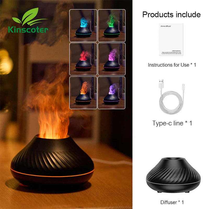 KINSCOTER Volcanic Aroma Diffuser Essential Oil Lamp 130ml USB Portable Air Humidifier with Color Flame Night Light Startek